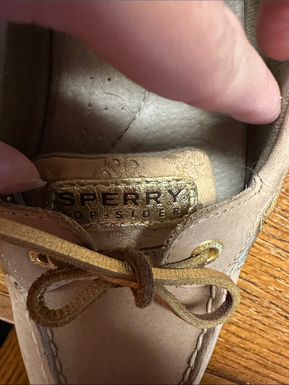 Sperry Taupe and Gold Leather Boat Loafers - Picture 5 of 7